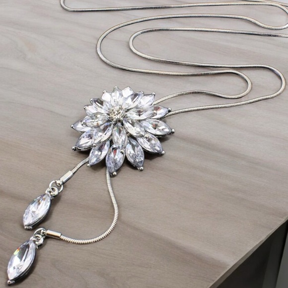 Silver Rhinestone Adjustable Lotus Floral Pendant Long Necklace - Picture 1 of 8